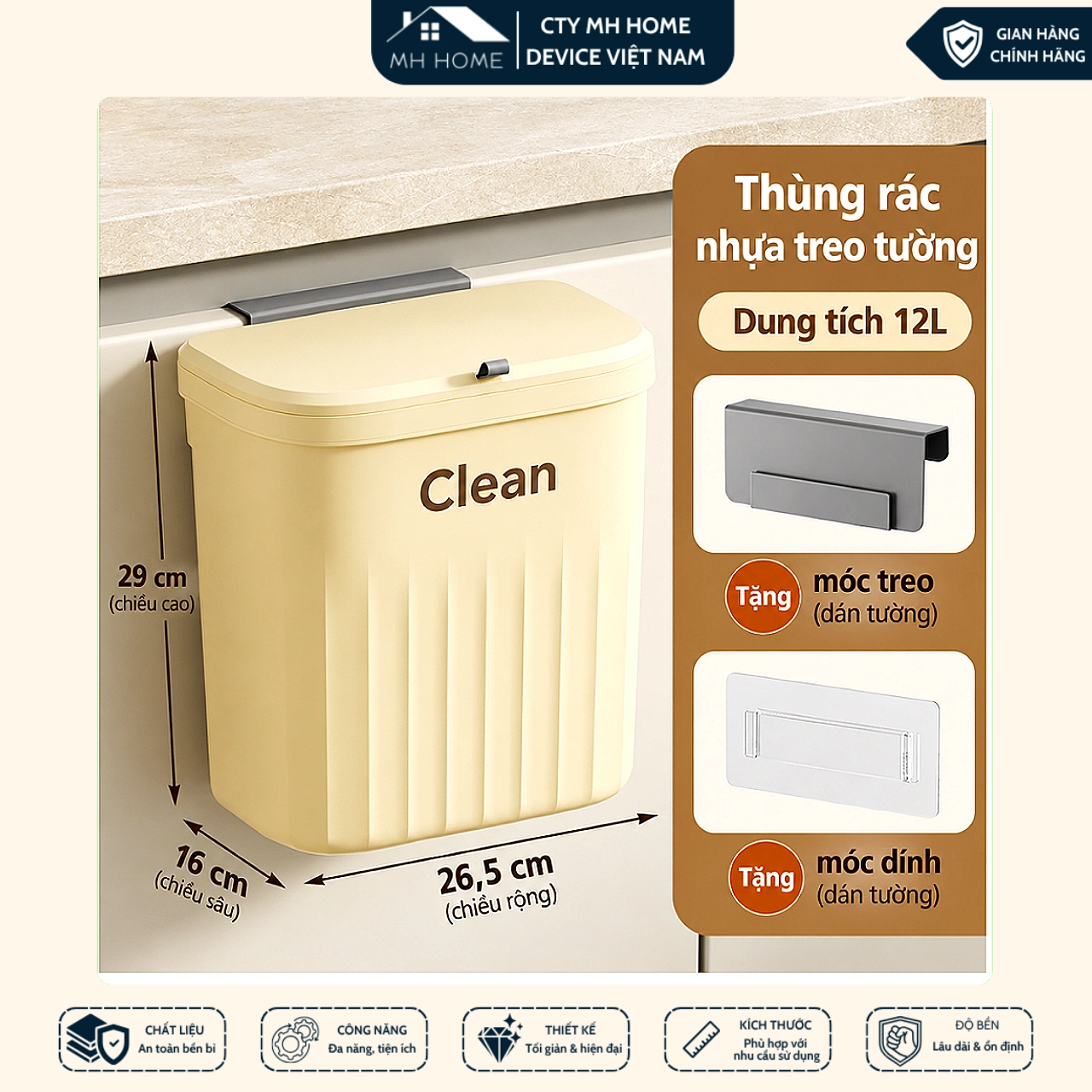 Thùng Rác Treo Tường Nhà Bếp 12L Có Nắp Vỏ Sò Thông Minh - Thùng Rác Treo Cánh Cửa Tủ Chống Mùi Tiện Lợi MH